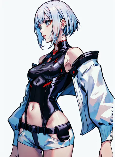 <lora:tetsuyaNomuraKingdomHearts_1:0.6>, nomura tetsuya,
<lora:lucyCyberpunk_35Epochs:0.7>, lucy \(cyberpunk\),
masterpiece, best quality,
1girl, solo, beautiful girl, small perky breast, hourglass shape, thin waist, thigh gap, bobcut, long bang, jacket, open jacket, white shorts, black pants, detached sleeves, short hair, white hair,
(white background:1.5),
torso shot, side view, side profile