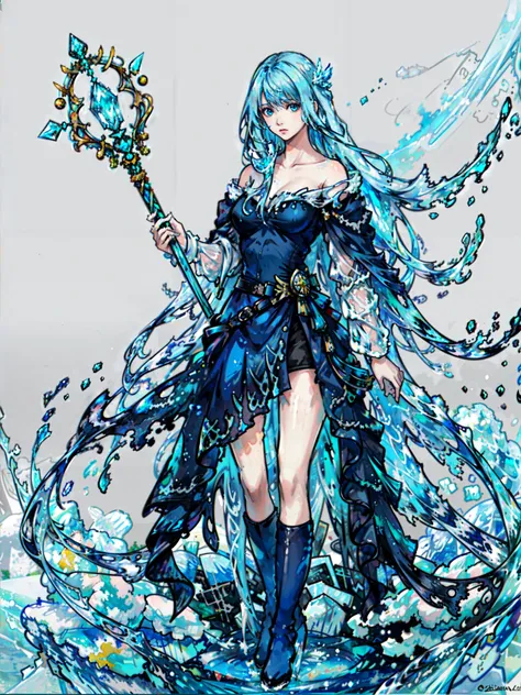 [(white background:1.5)::5], (intricate details) masterpiece, best quality, fantasy, 
1girl, female, (young adult), femenine, solo, standing, good_proportions, 
looking at viewer, expressionless, (blue eyes), detailed eyes, 
(Cyan hair), <lora:Fluid hair2.4:1>, (((liquid hair, ((ice)) hair))), 
(((big breasts)), symmetrical breast, round breasts), cleavage, 
thick legs, small waist, 
([blue|silver] Slytherin water seductive), (blue clothes), magical dress, (knee boots), 
(water magic, white ice, blue water), cleric, holding magic staff, 
ufotable official art, pastel_colors, <lora:nomura_tetsuya_offset:0.5>, <lora:ff16style:0.5>, 
<lora:akagi_shun_offset:0.3>, <lora:amano_yoshitaka_offset:0.3>,
 <lora:Juvia_Lockser_lora-v1:0.1>  <lora:IsekaiOjisan-Mabel-4.0:0.1>