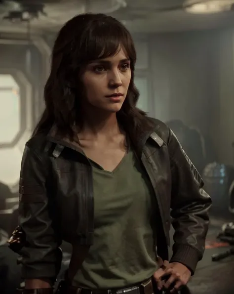 starwars outlaws , a woman standing in a room with a man, 1girl, long hair, brown hair, 1boy, holding, jacket, weapon, open clothes, gun, watch , <lora:StarWars_Outlaws_Style-SD15:0.75>