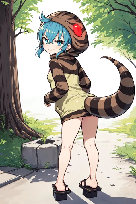 1girl, solo, tsuchinoko \(kemono friends\), blue hair, short hair, blue eyes, hoodie, striped tail, standing, looking back, from behind, geta, looking at viewer, smirk, outdoors <lora:char-tsuchinoko:1>