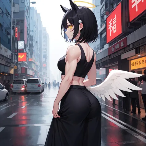 1girl, solo, profile, hong kong \(city\), traffic signals, street lights, neon signs, day, ass, black hair, medium hair, hair slicked back, yellow eyes, muscular female, pompom, long skirt, horse ears, angel wings, halo, medium breasts, expressionless, mature female