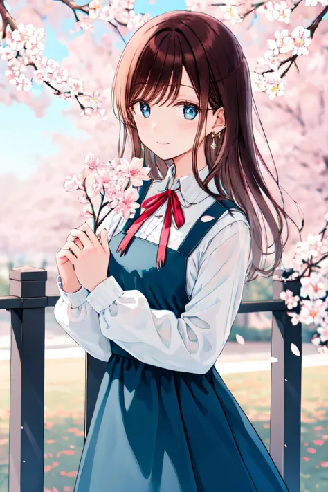 <lora:hiten_style:1>hiten style, ribbon, hands up, smile, holding flower, 1girl, outdoors, jewelry, solo, sleeveless, pink flower, puffy long sleeves, railing, blurry foreground, petals, looking at viewer, sleeveless dress, day, blue eyes, holding, closed mouth, depth of field, blush, long hair, flower earrings, white ribbon, earrings, tree, long sleeves, pinafore dress, white shirt, flower, shirt, blurry, dress, neck ribbon, brown hair, cherry blossoms, branch, black dress