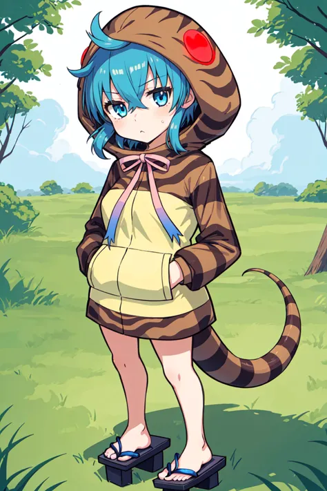 1girl, solo, tsuchinoko \(kemono friends\), blue hair, short hair, blue eyes, striped tail, hoodie, ribbon, hood, standing, hands in pockets, geta, looking at viewer, :\<, outdoors
<lora:char-tsuchinoko:1>