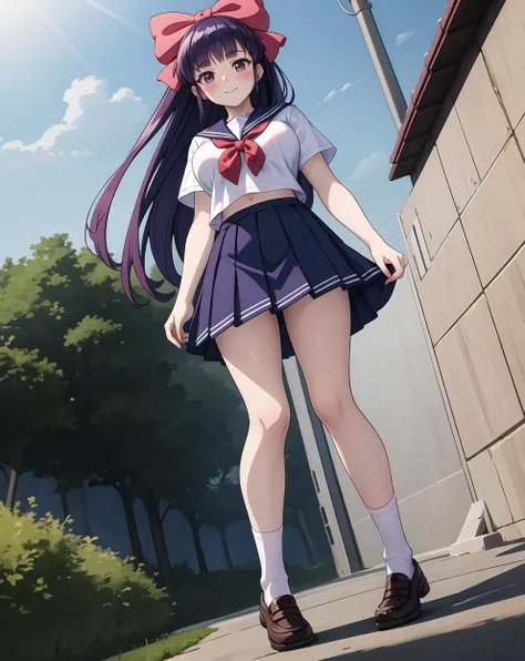 (masterpiece:1.2),best quality,highres,extremely detailed CG,perfect lighting,4k,anime,1girl,solo,hair bow,red_bow,purple hair,long hair,blush,outdoor,medium breasts,sailor,<lora:cgmiko100:0.5>,school_uniform,full_body,full_shot,standing,socks,legs_apart,from_below,<lora:more_details:0.5>,kind_smile,