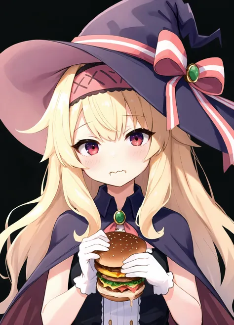 best quality, absurdres, 1girl, hat, solo, blonde hair, witch hat, eating, long hair, white gloves, red eyes, upper body, holding burger, hairband, purple headwear, cape, white background, :t, purple cape, ribbon, simple background, bow, hat bow, black dress, looking at viewer, hat ribbon, striped, table, blush, nobeta
 <lora:NobetaV2:1>