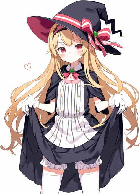 best quality, absurdres, 1girl, solo, long hair, witch hat, bandaid on knee, blonde hair, (white gloves:1.25), (lifted by self, clothes lift, dress lift:1.25), thighs, black dress, hairband, black cloak,  black thighhighs, black headwear, red eyes, simple background, cloak, white background, two-tone dress, vertical-striped dress, ribbon, short dress, blush, hat ribbon, vertical stripes, nobeta, (white bloomers:1.25)
<lora:NobetaV2:0.75>  <lora:st_kuroboshi-kouhaku-takeshi-iizuka_1024px_1e-3_dim-8_alpha-8:1>