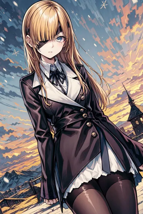 masterpiece,best quality,1girl,Ophelia,long hair,blue eyes,brown hair,eyepatch,(narrowed eyes:1.1),shirt,white shirt,collared shirt,long sleeves,sleeves past wrists,ribbon,black ribbon,neck ribbon,jacket,black jacket,skirt,blue skirt,pantyhose,black pantyhose,expressionless,snow,snowing,wind,mountain,fantasy,(dutch angle),<lora:Concept-control tool-add_detail-CyberAIchemist:0.9>,<lora:Ophelia:0.9>,