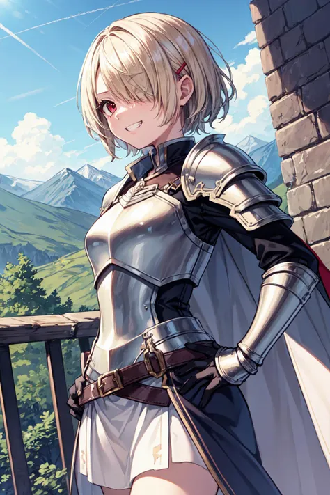 masterpiece,best quality,1girl,(solo),ruka,kayamori ruka,platinum blonde hair,short hair,(messy hair),hair clip,(hair over one eye),red eyes,medium breasts,knight,armor,breastplate,armored dress,cape,belt,gloves,gauntlets,shoulder armor,full armor,pauldrons,grin,confident,looking to the side,hands on own hips,outdoors,(mountain,castle),fantasy,scenery,sky,sunlight,cowboy shot,dutch angle,<lora:Concept-control tool-add_detail-CyberAIchemist:0.9>,<lora:rukakayamori-hbr-richy-v1>,