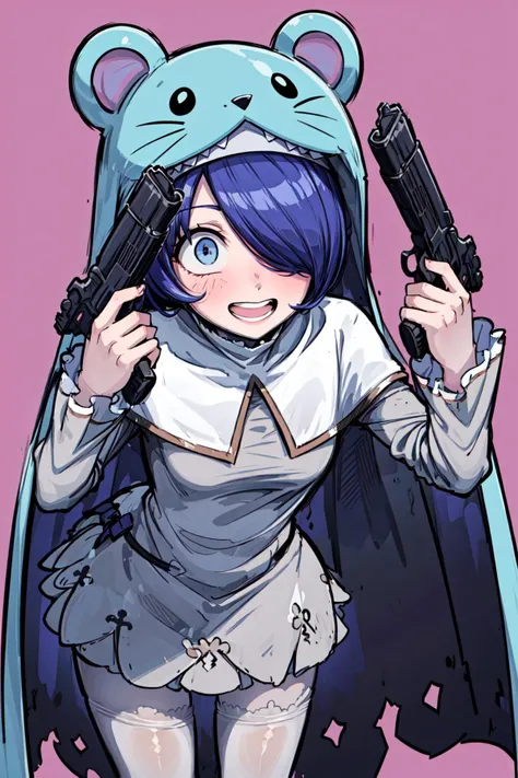 masterpiece,best quality,1girl,sistermon ciel,short hair,blue hair,blue eyes,hair over one eye,animal hat,animal ears,digimon \(creature\),animal hood,cape,long sleeves,dress,white dress|grey dress,white pantyhose,guns akimbo,looking at viewer,smile,holding,weapon,teeth,holding weapon,gun,leaning forward,parody,holding gun,handgun,dual wielding,wide-eyed,crazy eyes,crazy smile,simple background,<lora:Concept-control tool-add_detail-CyberAIchemist:0.9>,<lora:Sistermon_Ciel:0.6>,<lora:Guns Akimbo:0.7>,