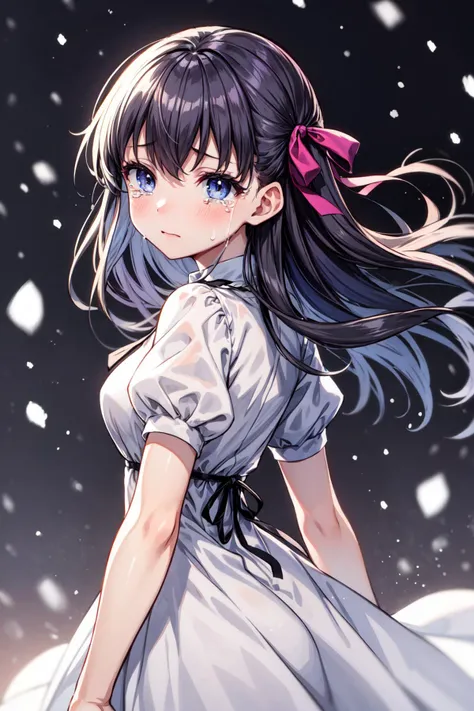 masterpiece,best quality,depth of field,blurry background,1girl,SakuraHeavensFeel,long hair,hair ribbon,white dress,puffy short sleeves,black ribbon,(tears),looking back,snowing,snow,snowflakes,<lora:Concept-control tool-add_detail-CyberAIchemist:0.9>,<lora:SakuraMatouV2:0.9>,