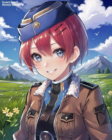 best quality, (masterpiece:1.2), illustration, absurdres, <lora:deluster2:-1>, <lora:hairdetailer:0.5>, <lora:boldline:-1>, <lora:flat2:0.7>, particles, sparkles,
(1girl, solo, beautiful detailed girl), (upper body, portrait),
<lora:Emily-000008:0.9>, Emily, short hair, red hair, hair ornament, hairclip, blue eyes, medium breasts,
garrison cap, brown jacket, blue military uniform, brown belt, blue skirt, black pantyhose, black boots,
field, prairie, sky, clouds, distant mountains,
looking at viewer, grin, confident,