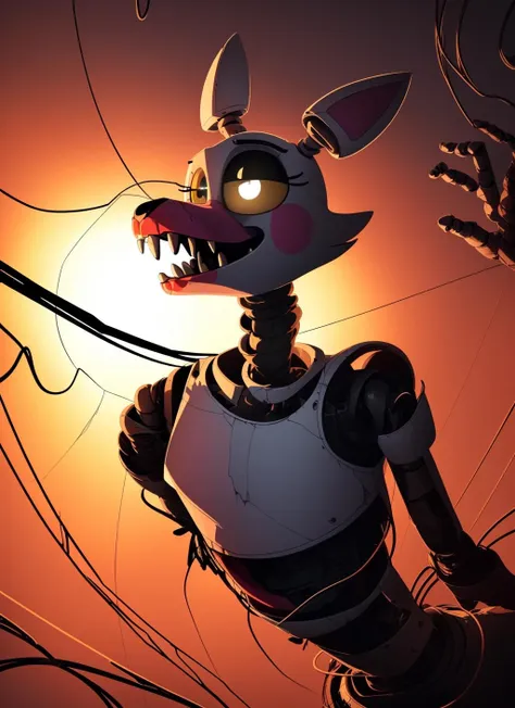 manglefnaf, furry female, robot, (wires, tangled, broken, detached limbs, detached head:1.2), solo, (best quality), (abstract torn background:1.1), dramatic lighting, (horror scene:1.2), looking at viewer, (tail:1.1), teeth, (heterochromia, black sclera, white pupil:1.3), <lora:manglefnaf-v1:1>