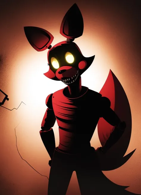 manglefnaf, furry male, robot, small chest speaker, standing, hands on hips, portrait, solo, (best quality), (abstract torn background:1.1), dramatic lighting, (horror scene:1.2), looking at viewer, (tail:1.2), teeth, glowing eyes, fists,
