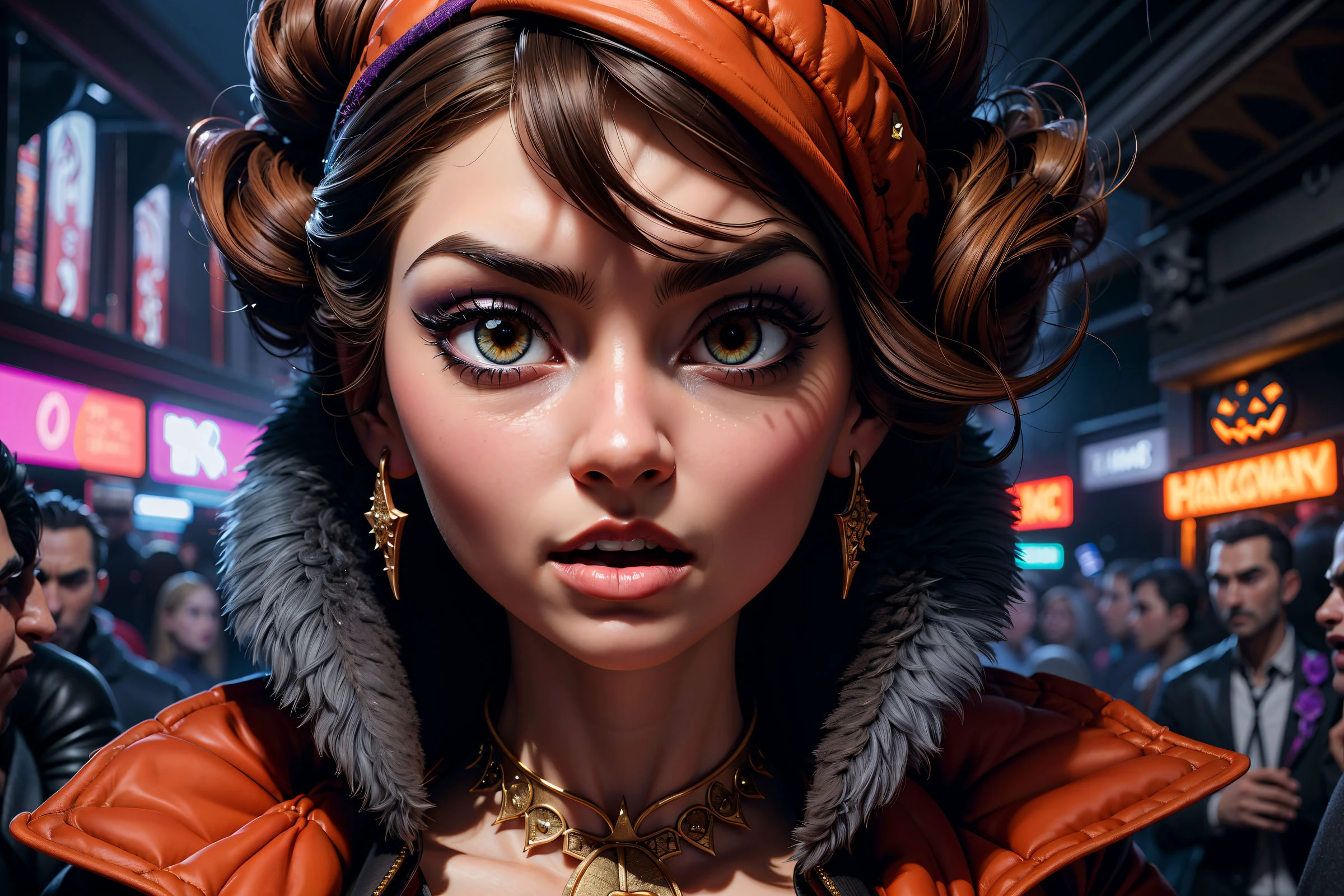 dynamic pose, (perfect female body, narrow waist:1.21), (wide hips:1.10), (Miranda Kerr:0.85), (perfect face, detailed face, beautiful:1.3), (make up, long eyelashes:1.10), dansing, (ultra detailed, delicate pattern, intricate detail:1.21), (rave, club, halloween party, people in background, men and women, crowded club:1.4),(smoke:1.2), contour light,
BREAK
(sharp focus, ultra realistic 8k cg, cinematic, highres:1.10),<lora:add_detail:0.8>, <lora:LowRA:0.8> dark theme <lora:Street_Tones-10:0.7> Street_Tones, (angry512:0.9)