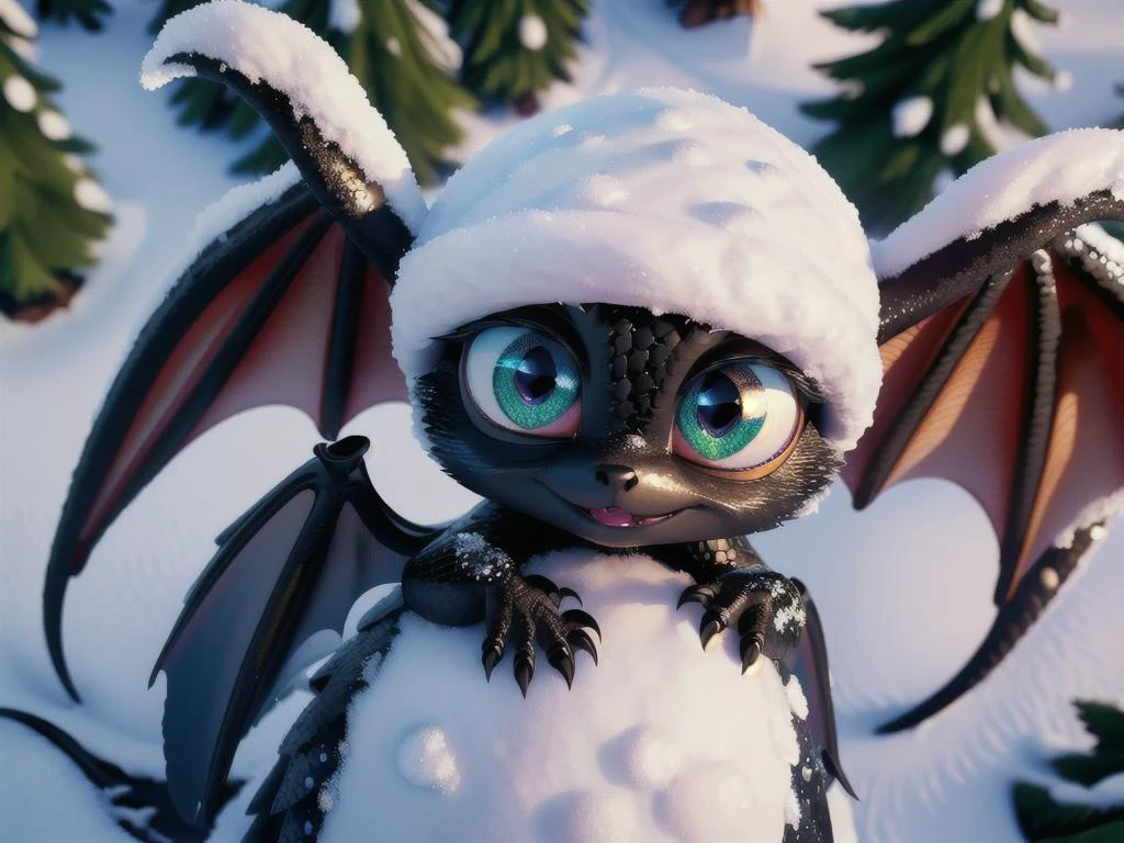 (Style: Disney, pixar Style, 3d, cartoon, photo, cinematic Lighting, trending on artstation, ((high quality:1.2, masterpiece:1.2)), (8k resolution), high details, incredibly absurdres, color connection, colorized, colorful, looking at viewer, (above shot. from above), solo focus, kawaii),
A black..cute..(baby dragon:1.2)..hatching from an egg..(can't be this cute:1.1),
(baby dragon: (cute big eyes:1.2), (wings:1.2), (scales:1.1)),
(Backround: (snow..pine tree..winter wonderland), (epic realism, hdr, intricate details, hyper detailed, cinematic)),