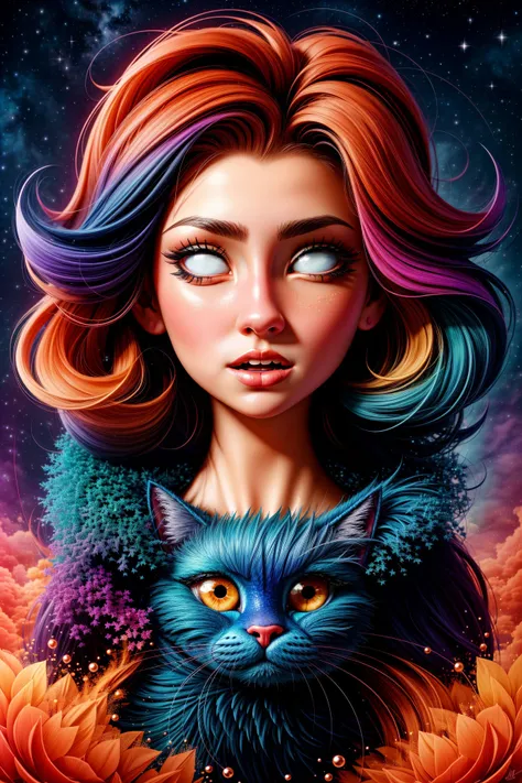 dark sky, clouds, stars, cosmos, abstract,girl, cute face, (close eyes:1.2), moon,  cat,by Andy Kehoe, (intricate details, hyperdetailed:1.21), cinematic, Remodernism,
[:fantasy art, multiply, combined, stacked, symmetric, magic, multi layer effect, :0.50],
[:in focus, glowing, star sky,   fantasy, planets, sky, dark, night, magic, giant,  reflection, light particles, surreal, :0.70],
[:(colorful explosion psychedelic paint colors:1.3):0.35],
[:star (symbol), moon, scenery, starry sky,  backlighting, , forest, outdoors, cloud, nature, constellation,  space, night sky, mountain, sparkle,:0.80],
<lora:Sy3:0.5> Sy3  <lora:add_detail:0.8>
(make up, long eyelashes:1.10)
