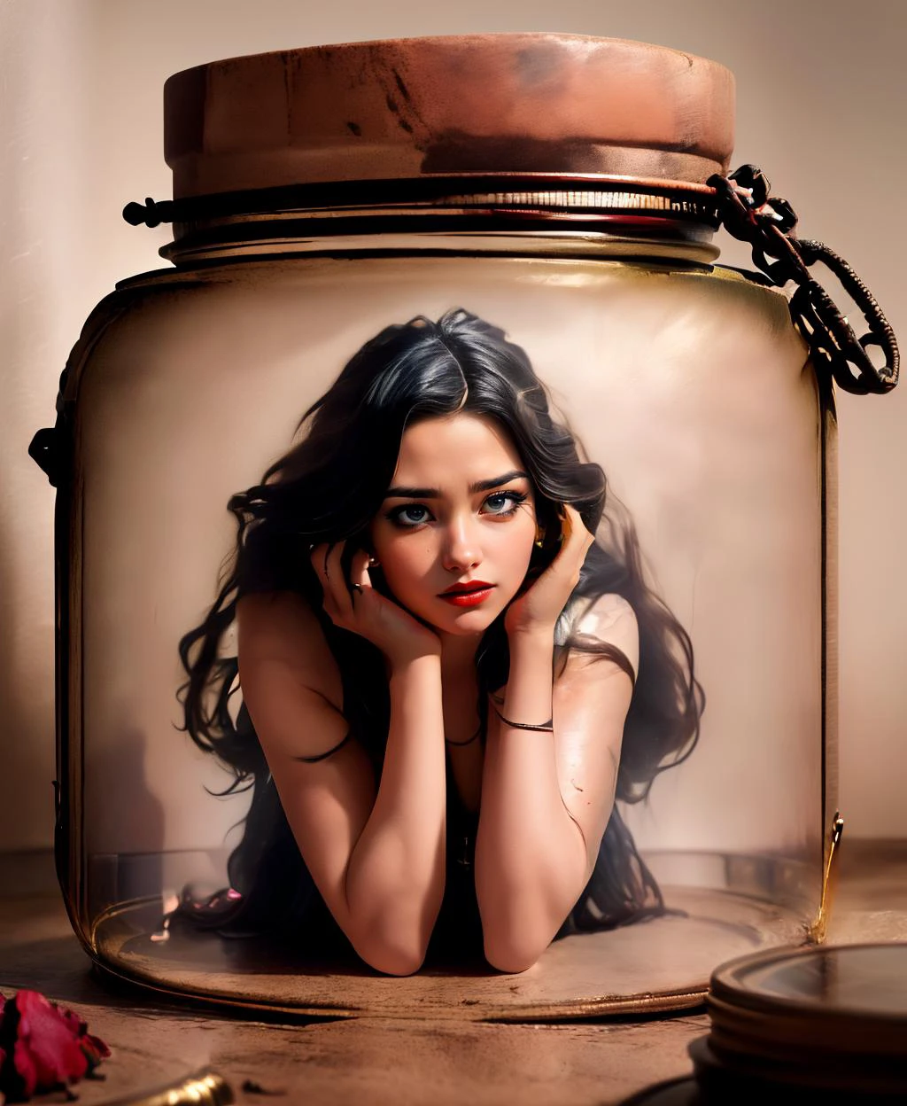 <lora:Girls in Glass Jars v3:1.1> in glass jar, trapped, 1girl, shrunken, small breasts, absurdly long hair
detailed face, detailed eyes, serious expression, red lipstick, pointy ears,
spread legs, bed of roses,
belt of rose petals, the goddess of love, crown of hearts, dynamic pose, dystopian Garden of Eden, guilty naughty
, elegant, highly detailed, centered, background massive beast of burden background, background ancient Greek Parthenon, Mythology, magical, apocalyptic, windy scene,
21 year old woman,
by Greg Rutkowski, By Michelangelo, by Leonardo Da Vinci, By Raphael, By Daniel F Gerhartz,
beautiful Japanese woman, beautiful, makeup, blush,
high resolution, triadic colors, atmospheric, geometric shapes breaking, shattering glass, (detailed faces:1.1),
sexy, fit body, afraid, worried, high contrast, bleached background, white hair,
high resolution, triadic colors, atmospheric, geometric shapes breaking, shattering glass, snake skin, photorealistic, photograph, photo, dlsr, FujiFilm, extremely high detail