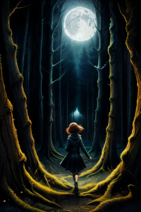 girl, moon, dark Forest, fantasy, hdr, focus sharp, detailed, raw, Stanley Donwood (Dan Rickwood), nervous512 <lora:add_detail:1>, ((intricate details, hyperdetailed)), dynamic , action-packed , thrilling ,