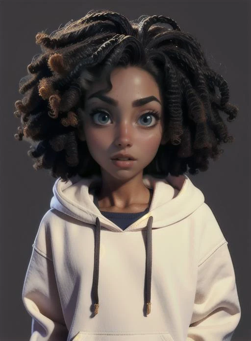 1girl, solo, looking at viewer, simple background, black hair, brown eyes, upper body, dark skin, star (symbol), hair over one eye, black eyes, dark-skinned female, lips, curly hair, drawstring, white hoodie, very dark skin, <lora:Curly:0.6>