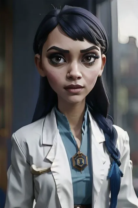 [TimBurton Animation:arcane style:0.2] (close-up:1.2)
((best quality)), ((masterpiece)), (intricate details, hyperdetailed:1.15), 35mm, bokeh, fashion photography of 
civitai-chan, braided bangs, labcoat, shirt, shirt tucked in, single vertical stripe, black skirt, pencil skirt, pantyhose, necklace, belt
