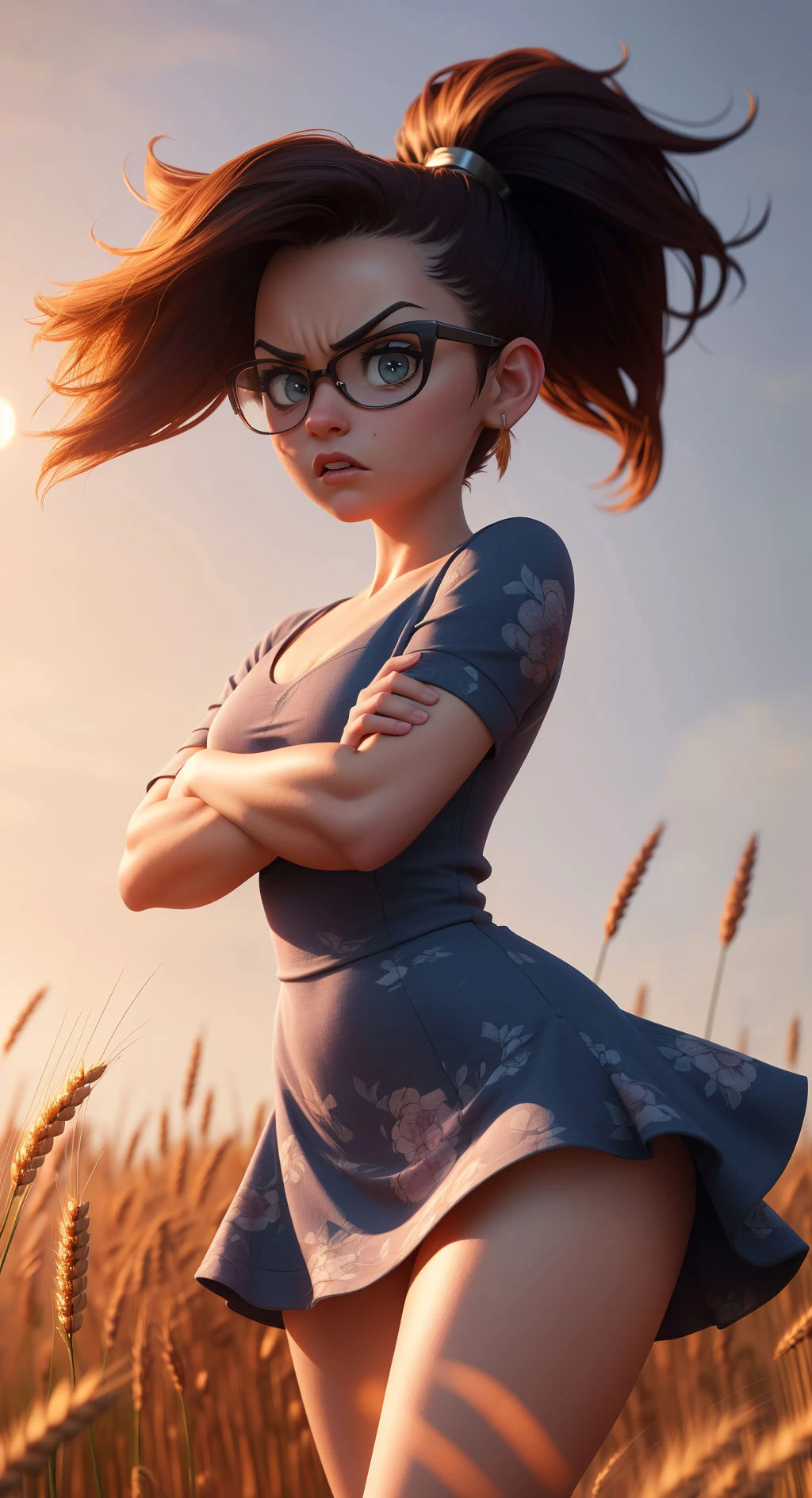 angry,(dress, print:1.10), eyewear, (Arms crossed:1.1), wheat field,sunrise, (perfect skiny body:1.1), (wide hips:1.10), (big eyes, ponytail, very short hair:1.10), air particles, backlight, dappled sunlight, blurry foreground, (dynamic pose:1.10), (intricate details:1.2), (cinematic, best quality, masterpiece, ultra-detailed, Unreal Engine:1.10)