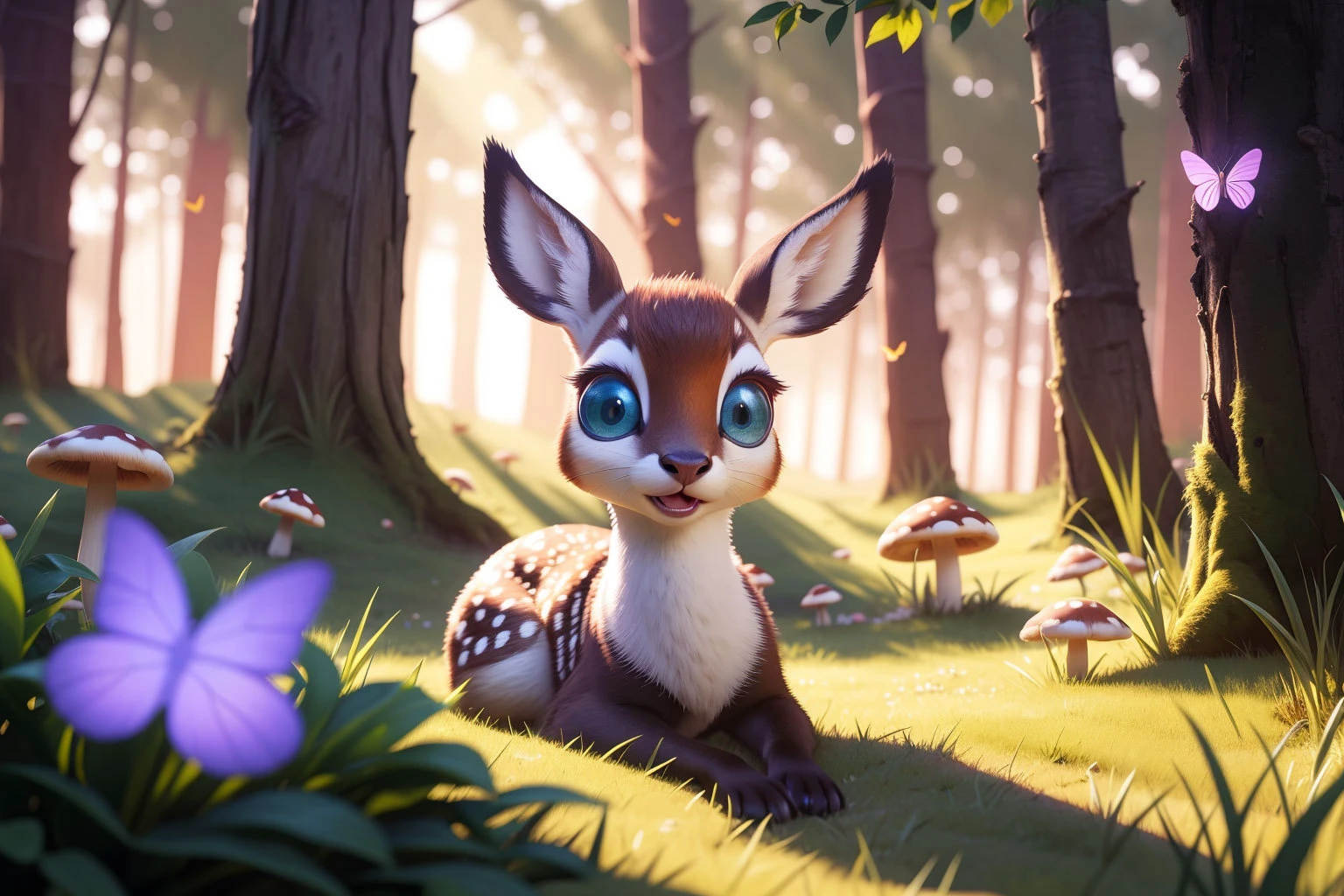 magic woods, bambi, big blue eyes, (cute face:1.2), animals, mushrooms, birds, butterflies, air particles, backlight, dappled sunlight,air particles,blurry foreground, colorfull, detailed wool, (dynamic:1.10), (intricate details:1.1), (best quality, masterpiece, ultra-detailed, Unreal Engine:1.10)
