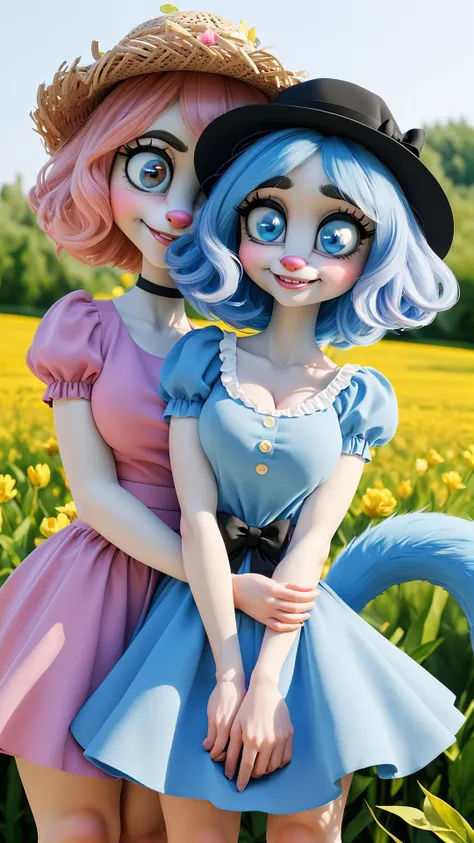 (big eyes:1.25), (2girl, two woman looking at viewer, smile, skirt, shirt, hat, pink dress, bow, flower,), BREAK,
(2furry, furry woman, blue furr, blue dress, bushy tail, furr covered body,), BREAK,
on a Flower field,