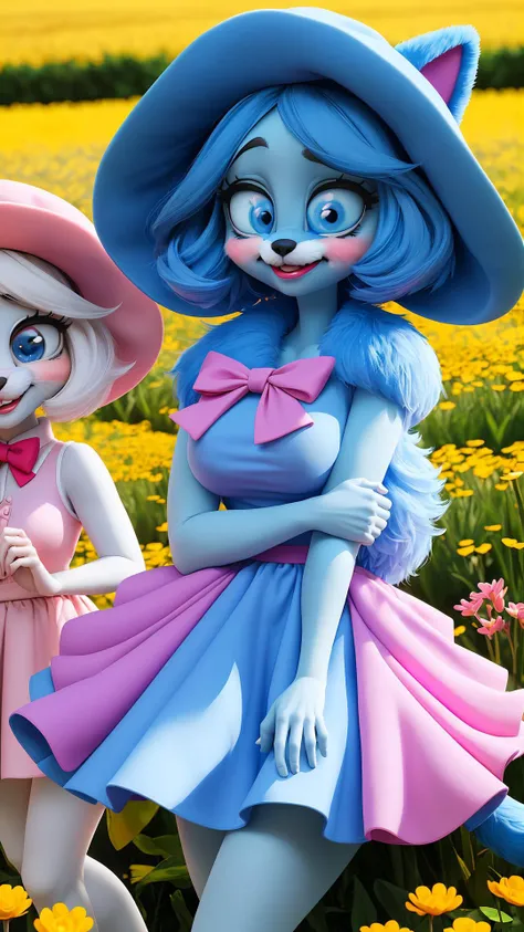 (big eyes:1.25), (2girl, two woman looking at viewer, smile, skirt, shirt, hat, pink dress, bow, flower,), BREAK,
(2furry, furry woman, blue furr, blue dress, bushy tail, furr covered body,), BREAK,
on a Flower field,