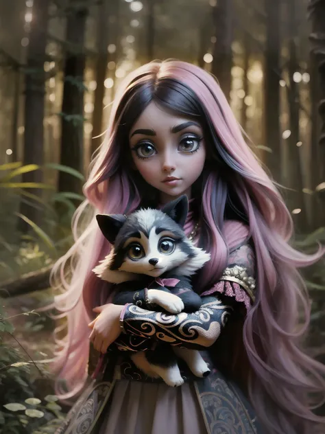 long-range plan, a girl with a wolf cub in her arms, (big eyes, style, hair:1.10),colorfull,abstract, ((intricate details)), hdr, ((intricate details, hyperdetailed)), in the fairy forest