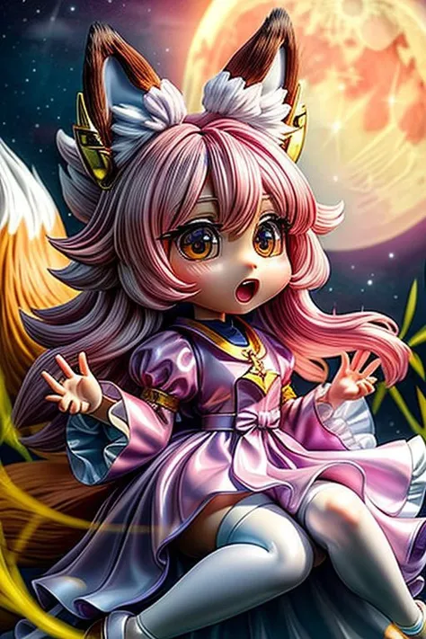 (chibi style, super deformed, huge head, kawaii:1.2), (cute fox princess) wearing dark pastel (ruffled:1) (gleaming oily latex:1) gown with (glossy transparent bishop sleeves:1.3), soft lighting, (lots of frills and bows:1), (cute little fang:1),
(fox ears, one fluffy fox tail, tail color matching hair:1.4),
(red moon background, torii gates),