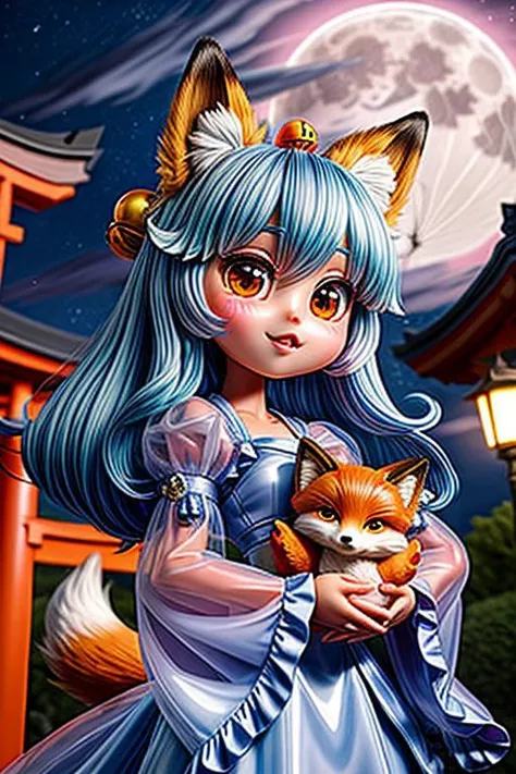 (super deformed, huge head, kawaii:1.2), (cute fox princess) wearing dark pastel (ruffled) (glossy oily latex:1) gown with (transparent bell sleeves:1.3), soft lighting, (frills and bows), (cute little fang:1),
(fox ears, one fluffy fox tail, tail color matching hair:1.2),
(red moon background, torii gates),