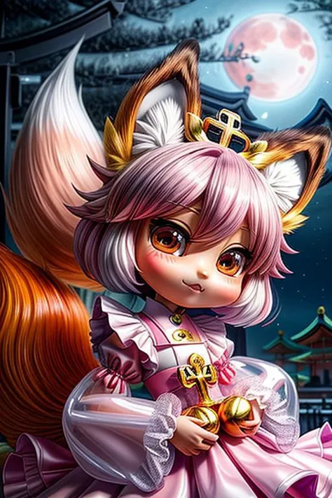 (chibi style, super deformed, huge head, kawaii:1.2), (cute fox princess) wearing dark pastel (ruffled:1) (gleaming oily latex:1) gown with (glossy transparent bishop sleeves:1.3), soft lighting, (lots of frills and bows:1), (cute little fang:1),
(fox ears, one fluffy fox tail, tail color matching hair:1.4),
(red moon background, torii gates),