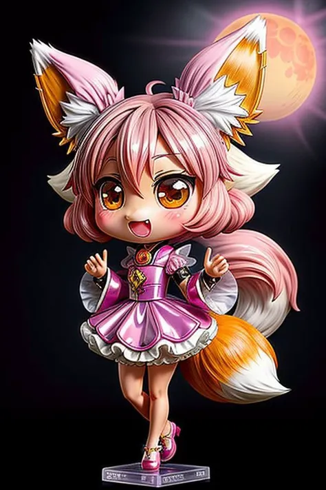 (chibi style, super deformed, huge head, kawaii:1.5), (cute fox princess) wearing dark pastel (ruffled:1) (gleaming oily latex:1) gown with (glossy transparent bishop sleeves:1.3), soft lighting, (lots of frills and bows:1), (cute little fang:1),
(fox ears, one fluffy fox tail, tail color matching hair:1.4),
(red moon background, torii gates),