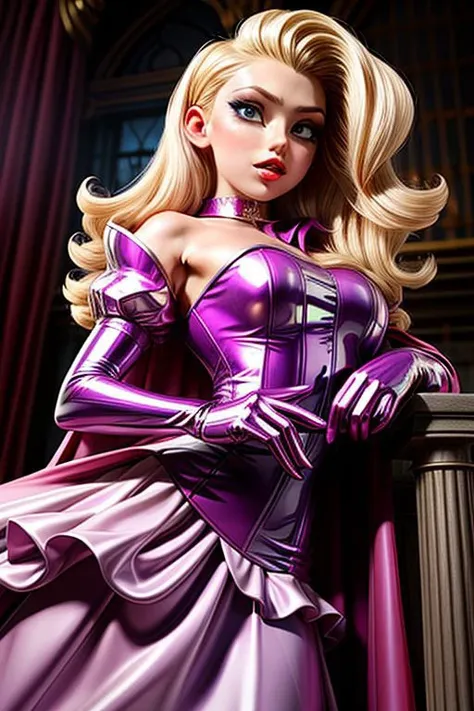 blonde evil corrupted young princess wearing dark pastel (ruffled:1) (gleaming latex:1) gown with (long latex cape:1) and latex elbow bridal gauntlets, (Perfect Face:1), soft lighting, glossy red lips, ruffles