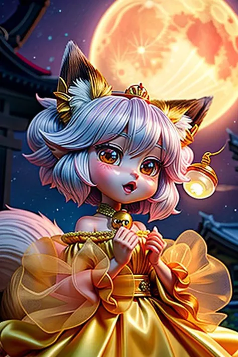 (super deformed, huge head:1.2), (cute fox princess) wearing dark pastel (ruffled) (glossy oily latex:1) gown with (transparent bell sleeves:1.3), soft lighting, (frills and bows), (cute little fang:1),
(fox ears, one fluffy fox tail, tail color matching hair:1.2),
(red moon background, torii gates),