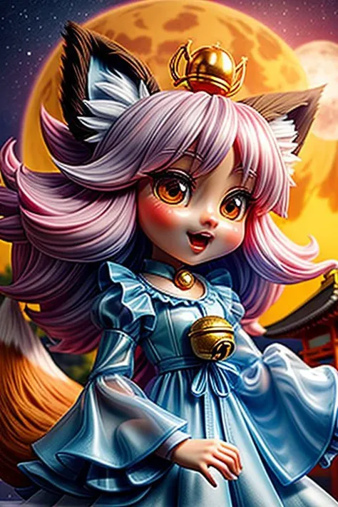(super deformed, huge head:1.2), (cute fox princess) wearing dark pastel (ruffled) (glossy oily latex:1) gown with (transparent bell sleeves:1.3), soft lighting, (frills and bows), (cute little fang:1),
(fox ears, one fluffy fox tail, tail color matching hair:1.2),
(red moon background, torii gates),