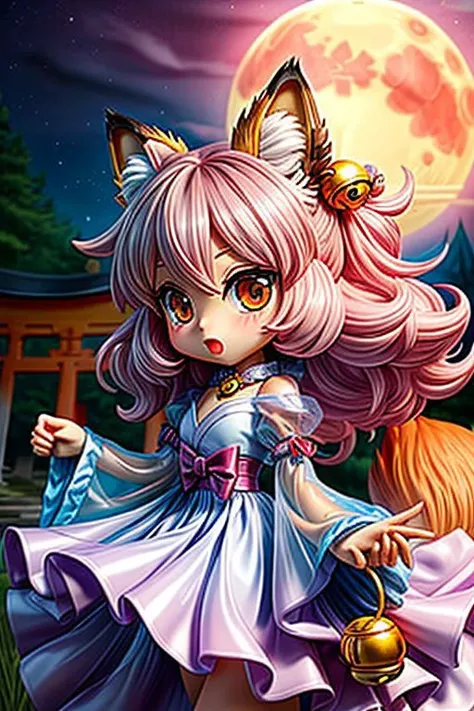 (chibi style, super deformed, huge head:1.2), (cute fox princess) wearing dark pastel (ruffled) (glossy oily latex:1) gown with (transparent bell sleeves:1.3), soft lighting, (frills and bows), (cute little fang:1),
(fox ears, one fluffy fox tail, tail color matching hair:1.2),
(red moon background, torii gates),