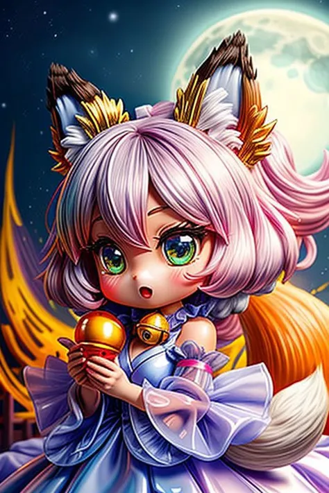 (chibi style, super deformed, huge head, kawaii:1.2), (cute fox princess) wearing dark pastel (ruffled:1) (gleaming oily latex:1) gown with (transparent bell sleeves:1.3), soft lighting, (lots of frills and bows:1), (cute little fang:1),
(fox ears, one fluffy fox tail, tail color matching hair:1.4),
(red moon background, torii gates),