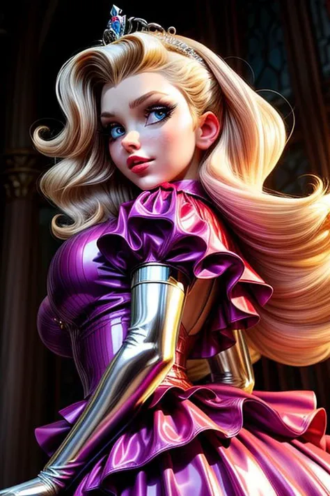 blonde evil corrupted young princess wearing dark pastel (ruffled:1) (gleaming latex:1) gown with (long latex cape:1) and latex elbow bridal gauntlets, (Perfect Face:1), soft lighting, glossy red lips, ruffles