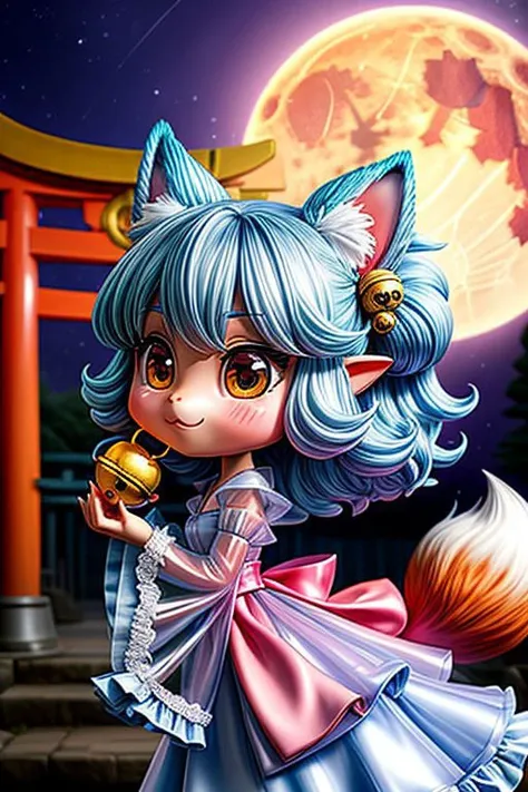 (chibi style, super deformed, huge head, kawaii:1.2), (cute fox princess) wearing dark pastel (ruffled) (glossy oily latex:1) gown with (transparent bell sleeves:1.3), soft lighting, (frills and bows), (cute little fang:1),
(fox ears, one fluffy fox tail, tail color matching hair:1.2),
(red moon background, torii gates),