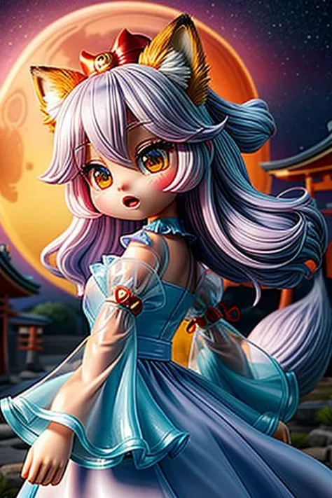 (super deformed, huge head, kawaii:1.2), (cute fox princess) wearing dark pastel (ruffled) (glossy oily latex:1) gown with (transparent bell sleeves:1.3), soft lighting, (frills and bows), (cute little fang:1),
(fox ears, one fluffy fox tail, tail color matching hair:1.2),
(red moon background, torii gates),