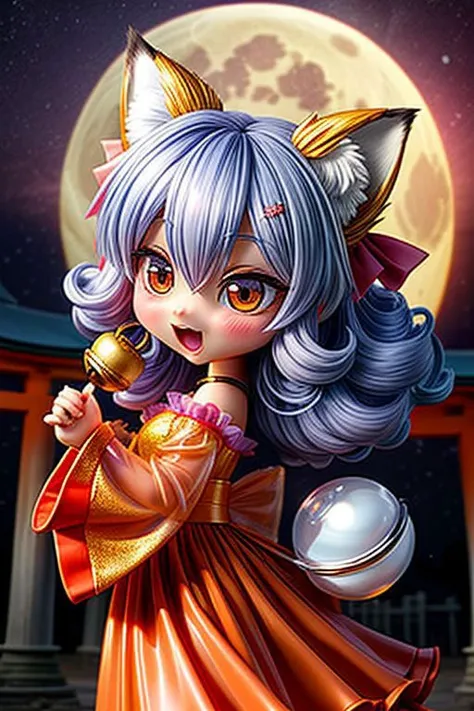 (chibi style, super deformed, huge head:1.2), (cute fox princess) wearing dark pastel (ruffled) (glossy oily latex:1) gown with (transparent bell sleeves:1.3), soft lighting, (frills and bows), (cute little fang:1),
(fox ears, one fluffy fox tail, tail color matching hair:1.2),
(red moon background, torii gates),