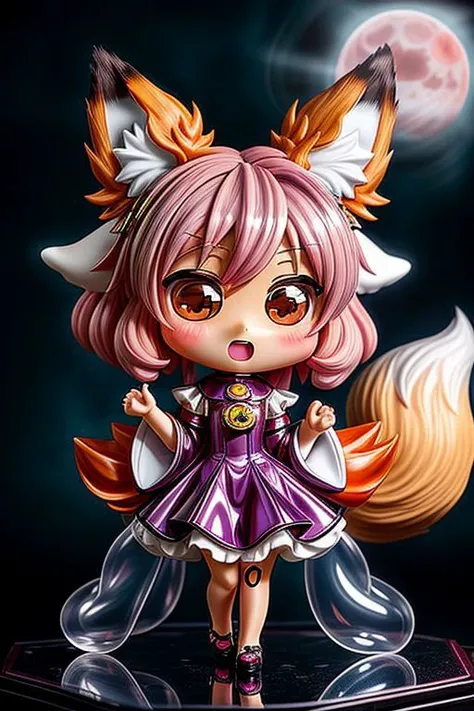 (chibi style, super deformed, huge head, kawaii:1.5), (cute fox princess) wearing dark pastel (ruffled:1) (gleaming oily latex:1) gown with (glossy transparent bishop sleeves:1.3), soft lighting, (lots of frills and bows:1), (cute little fang:1),
(fox ears, one fluffy fox tail, tail color matching hair:1.4),
(red moon background, torii gates),