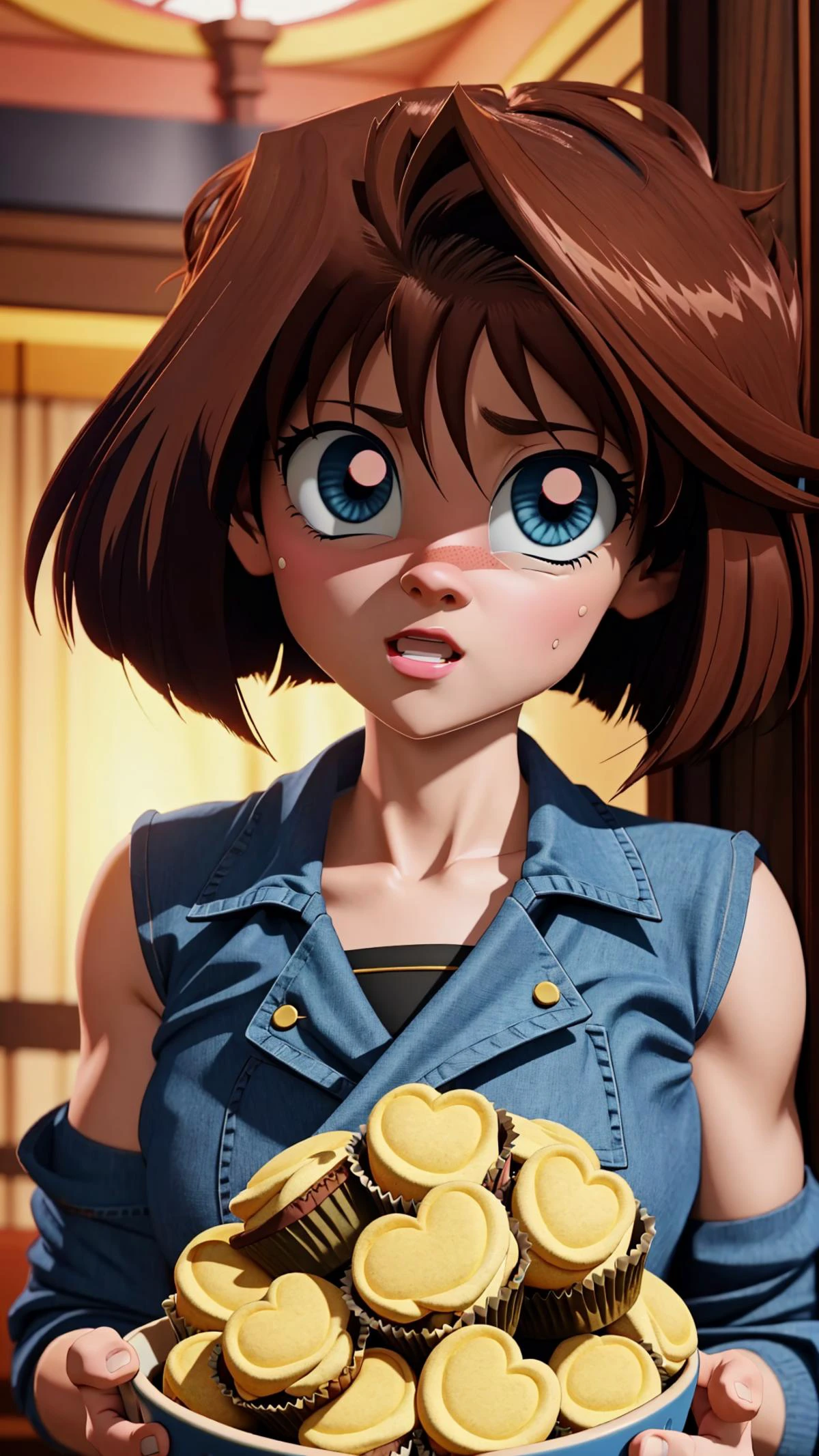 (big eyes:1.25), <lora:Anzu_Mazaki-10:0.8>, anzu_classic, Téa Gardner, brown hair, short hair, blue eyes, BREAK, <lora:heartstarpupils:0.8> heart-shaped pupils, heart, heart-shaped pupils, â¤, â¥, ð, ð, ð, BREAK, muffin, eating muffin, cupcake, ð§, ð¥§, ðª, BREAK, "My yugi muffin!",, masterpiece, best quality, extremely detailed, highly quality, 4k, sharp focus, professional, sharp focus, award winning, cinematic lighting, octane render, unreal engine, volumetrics dtx, Wallpaper,