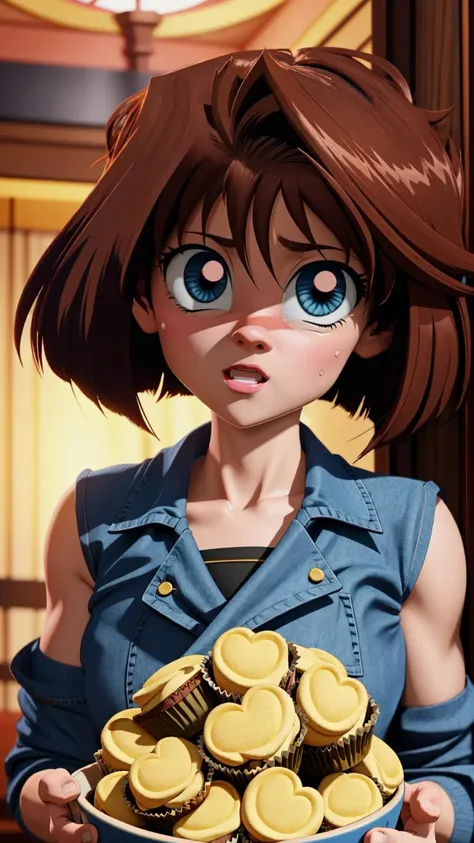 (big eyes:1.25), <lora:Anzu_Mazaki-10:0.8>, anzu_classic, TÃ©a Gardner, brown hair, short hair, blue eyes, BREAK, <lora:heartstarpupils:0.8> heart-shaped pupils, heart, heart-shaped pupils, â¤, â¥, ð, ð, ð, BREAK, muffin, eating muffin, cupcake, ð§, ð¥§, ðª, BREAK, "My yugi muffin!",, masterpiece, best quality, extremely detailed, highly quality, 4k, sharp focus, professional, sharp focus, award winning, cinematic lighting, octane render, unreal engine, volumetrics dtx, Wallpaper,