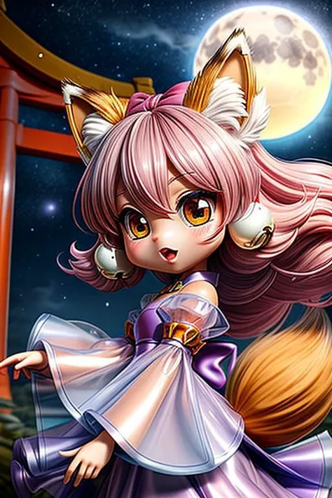 (chibi style, super deformed, huge head, kawaii:1.2), (cute fox princess) wearing dark pastel (ruffled:1) (glossy oily latex:1) gown with (transparent bell sleeves:1.3), soft lighting, (lots of frills and bows:1), (cute little fang:1),
(fox ears, one fluffy fox tail, tail color matching hair:1.4),
(red moon background, torii gates),
