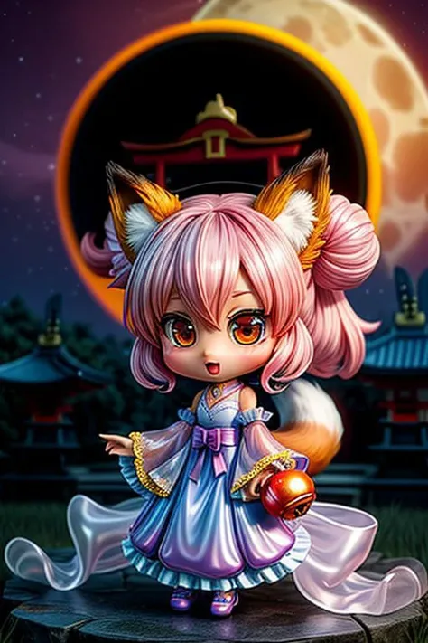 (chibi style, super deformed, huge head:1.2), (cute fox princess) wearing dark pastel (ruffled) (glossy oily latex:1) gown with (transparent bell sleeves:1.3), soft lighting, (frills and bows), (cute little fang:1),
(fox ears, one fluffy fox tail, tail color matching hair:1.2),
(red moon background, torii gates),