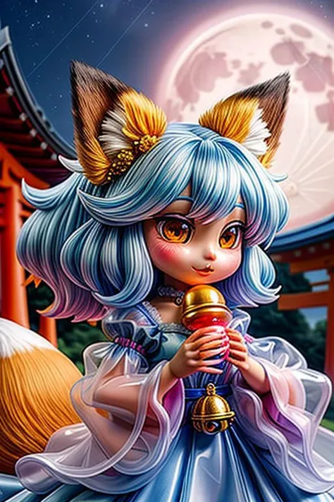 (super deformed, huge head:1.2), (cute fox princess) wearing dark pastel (ruffled) (glossy oily latex:1) gown with (transparent bell sleeves:1.3), soft lighting, (frills and bows), (cute little fang:1),
(fox ears, one fluffy fox tail, tail color matching hair:1.2),
(red moon background, torii gates),