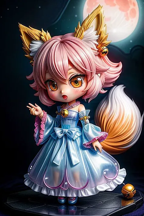 (chibi style, super deformed, huge head:1.2), (cute fox princess) wearing dark pastel (ruffled) (glossy oily latex:1) gown with (transparent bell sleeves:1.3), soft lighting, (frills and bows), (cute little fang:1),
(fox ears, one fluffy fox tail, tail color matching hair:1.2),
(red moon background, torii gates),