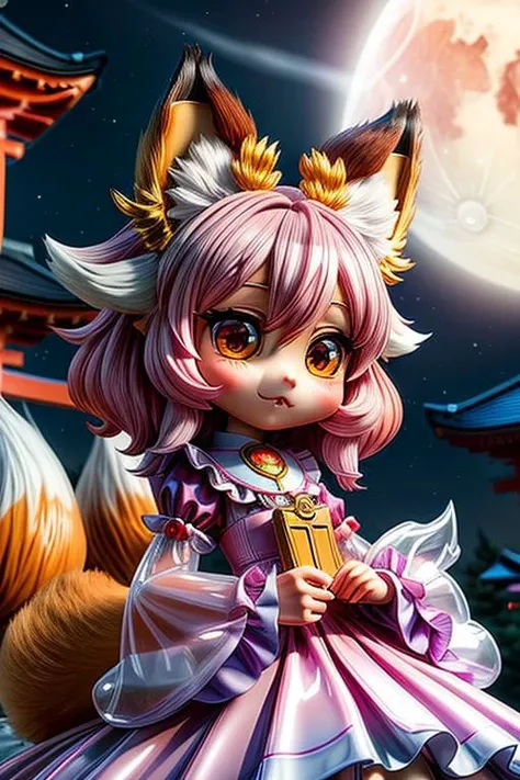 (chibi style, super deformed, huge head, kawaii:1.2), (cute fox princess) wearing dark pastel (ruffled:1) (gleaming oily latex:1) gown with (glossy transparent bishop sleeves:1.3), soft lighting, (lots of frills and bows:1), (cute little fang:1),
(fox ears, one fluffy fox tail, tail color matching hair:1.4),
(red moon background, torii gates),